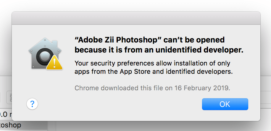 Adobe Zii Photoshop can't be opened because it is from an unidentified developer